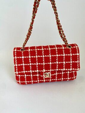 Chanel Medium Classic Double Flap Red Tweed Plaid Bag Gold HW + Receipt